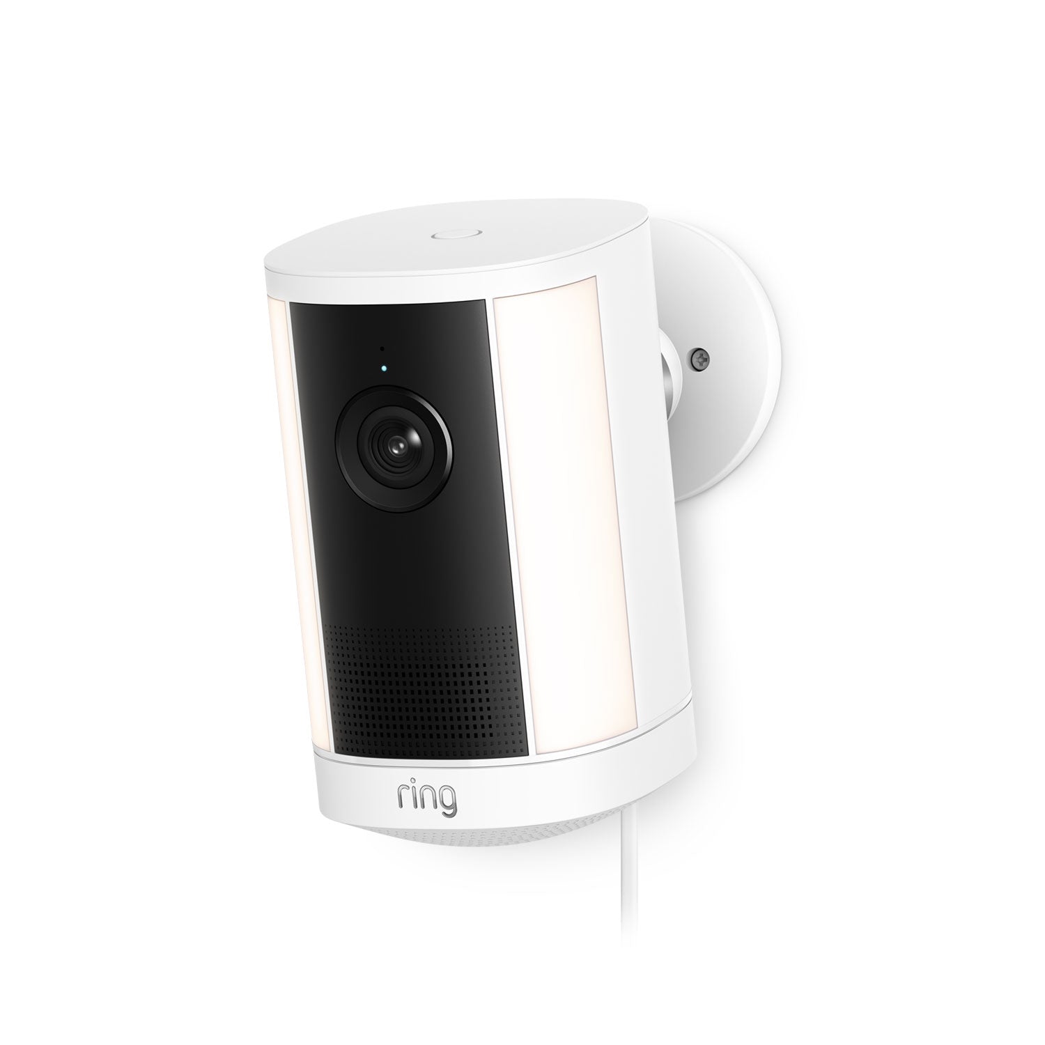 White Ring wired security camera mounted on a wall, with black center panel, lens, speaker grille, and two vertical LED light strips.