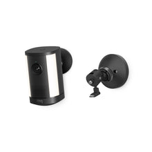 Black wall-mounted smart camera with dual light panels and lens centered on front, shown beside an adjustable mounting bracket.