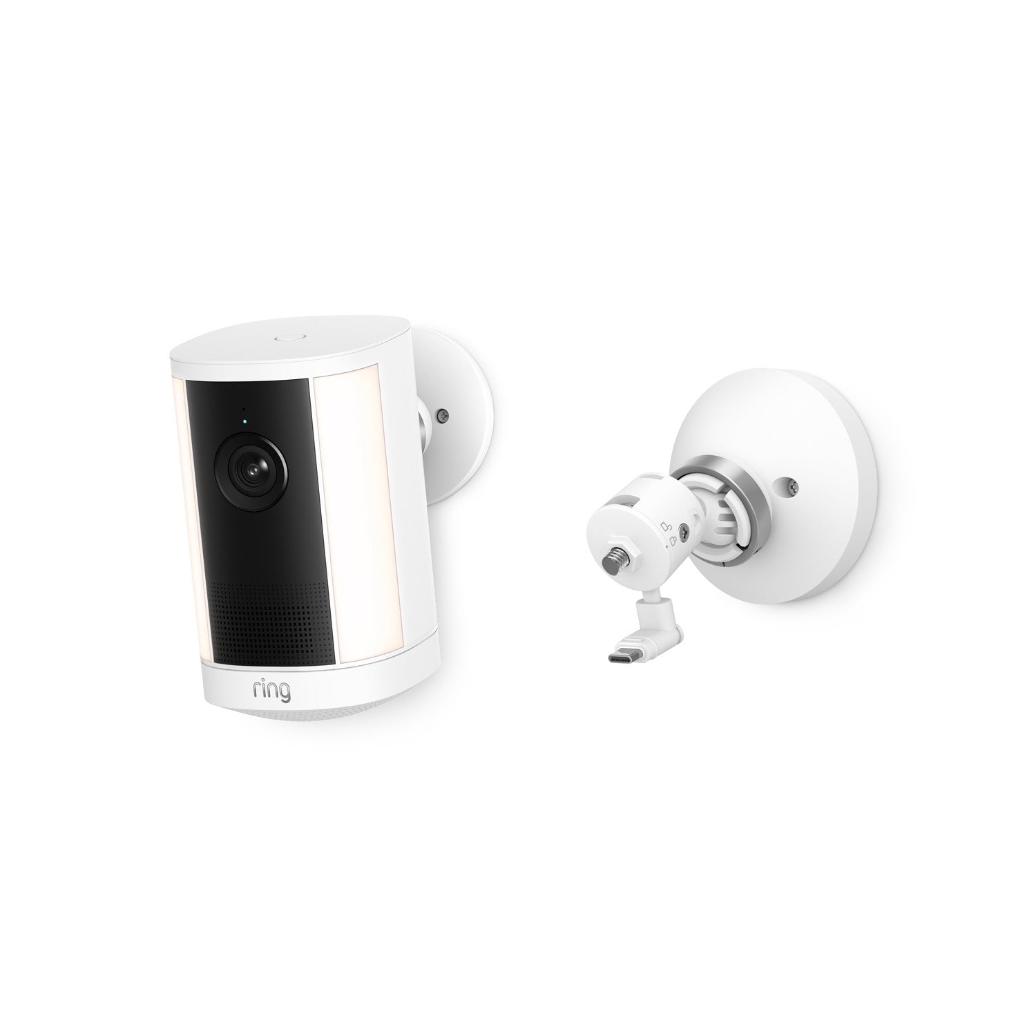 White wall-mounted smart camera with dual light panels and black lens, shown next to an adjustable white mounting bracket.