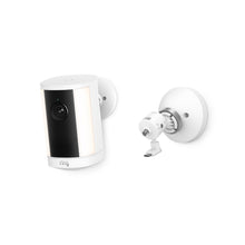 White wall-mounted smart camera with dual light panels and black lens, shown next to an adjustable white mounting bracket.