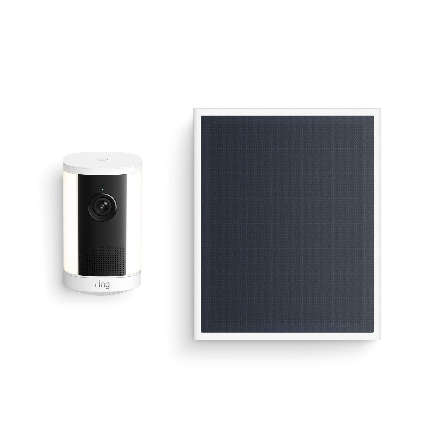 White cylindrical Ring security camera with black lens panel shown next to a rectangular black solar panel on a white background.