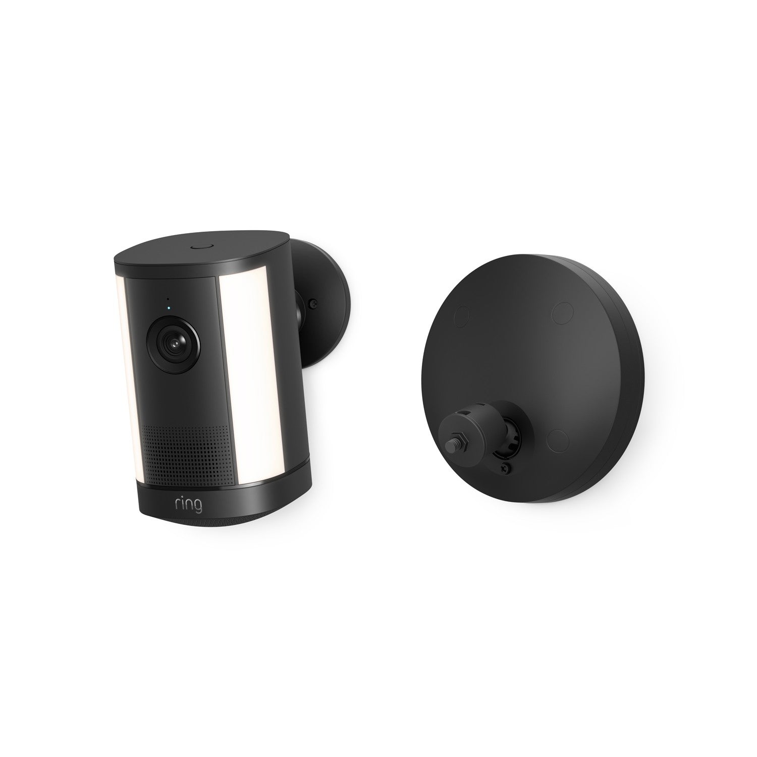 Black wall-mounted smart camera with dual side lights and speaker grille, shown with separate round mounting plate on white background.