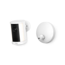White Ring security camera with side lights and circular mount shown separately on a white background.