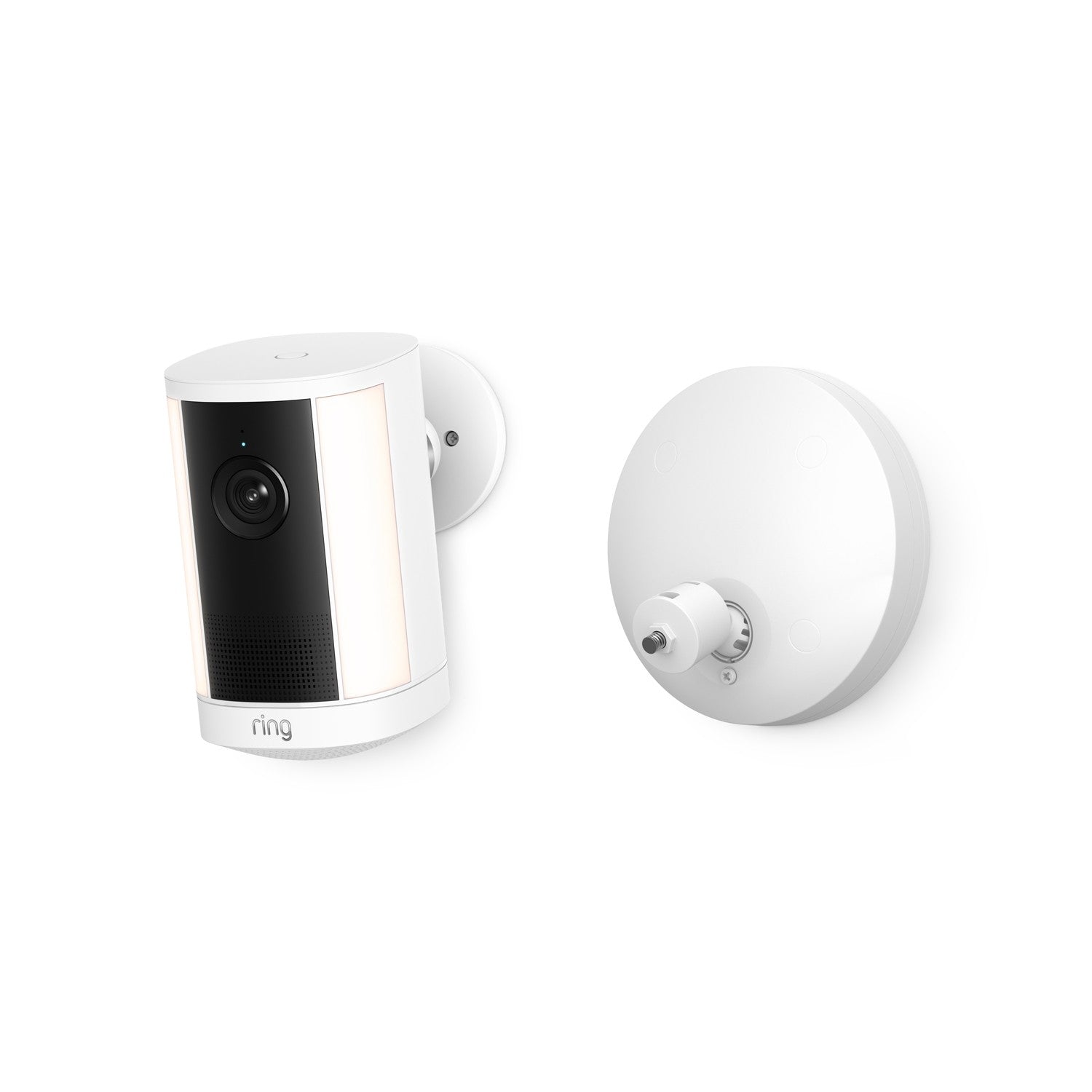 White Ring security camera with side lights and circular mount shown separately on a white background.
