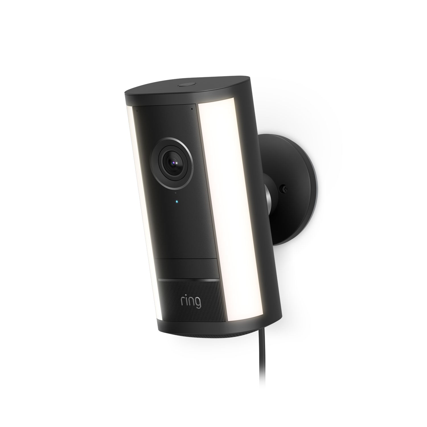 Black wall-mounted Ring security camera with dual vertical LED light strips, lens centered, small status light, and power cable hanging.