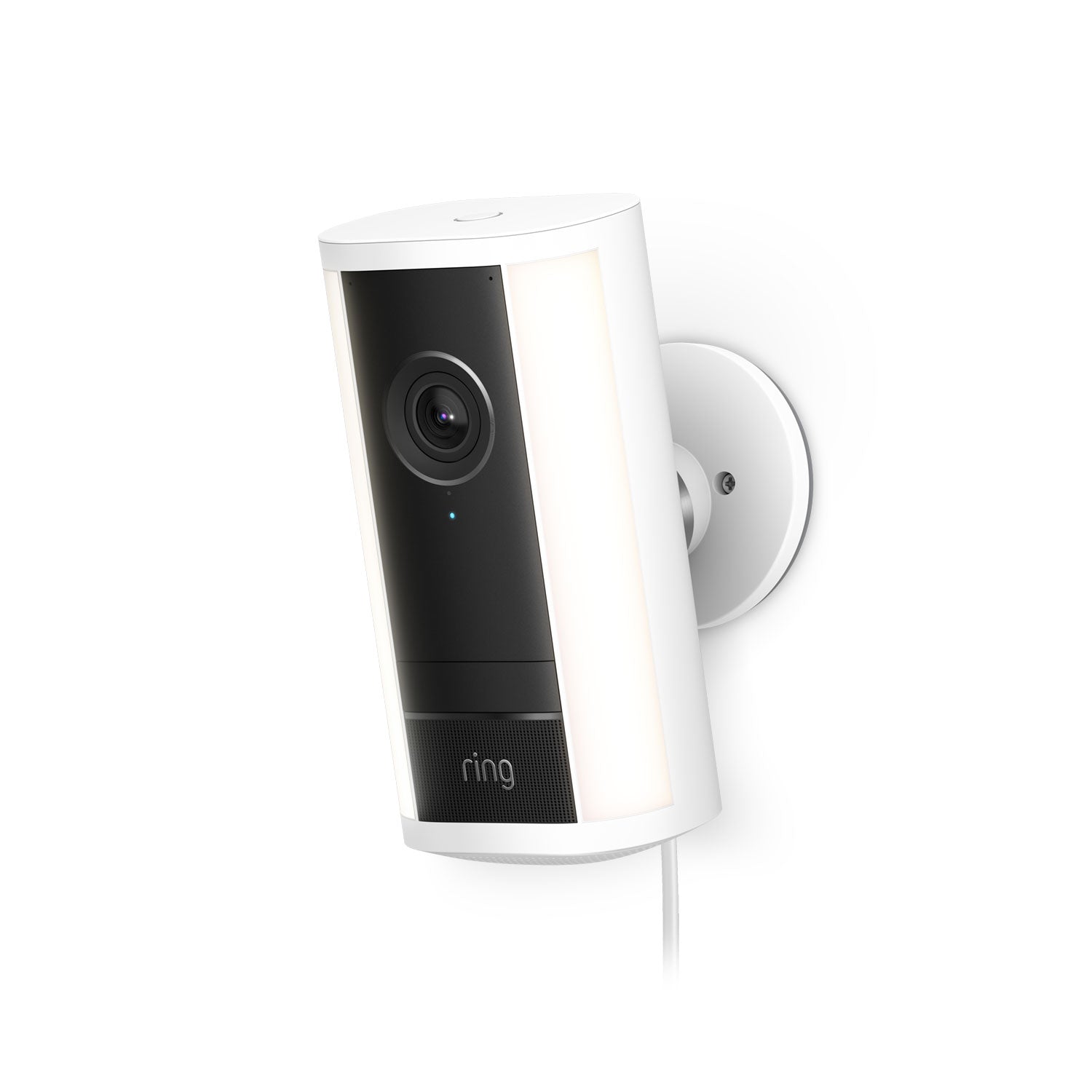 White wall-mounted Spotlight Cam 4K Pro with black face, lens at top, side light panels, speaker grille, and power cord hanging below.