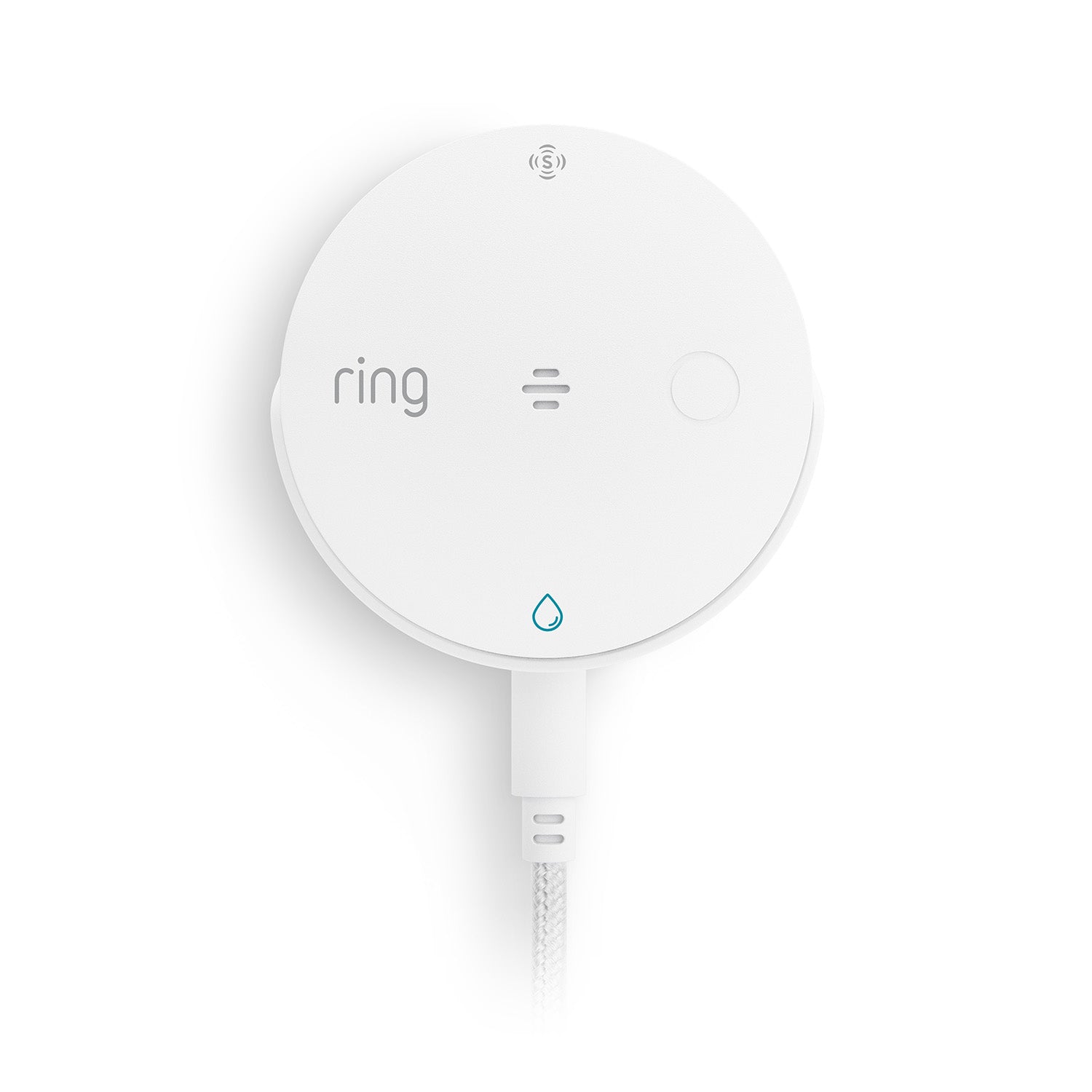 White:White circular Ring water sensor device with logo, speaker, button, and blue water droplet indicator on white background.