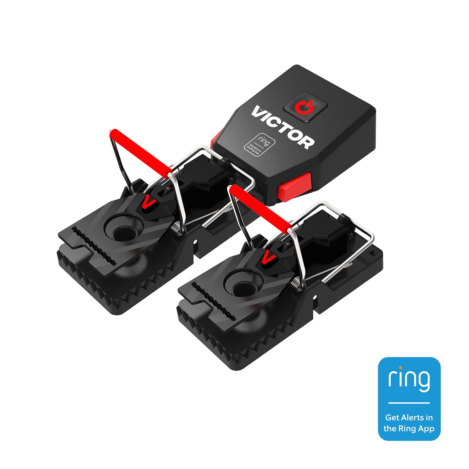 Black Victor smart mousetrap with two connected snap traps, red accents, and a Ring app badge on a white background.