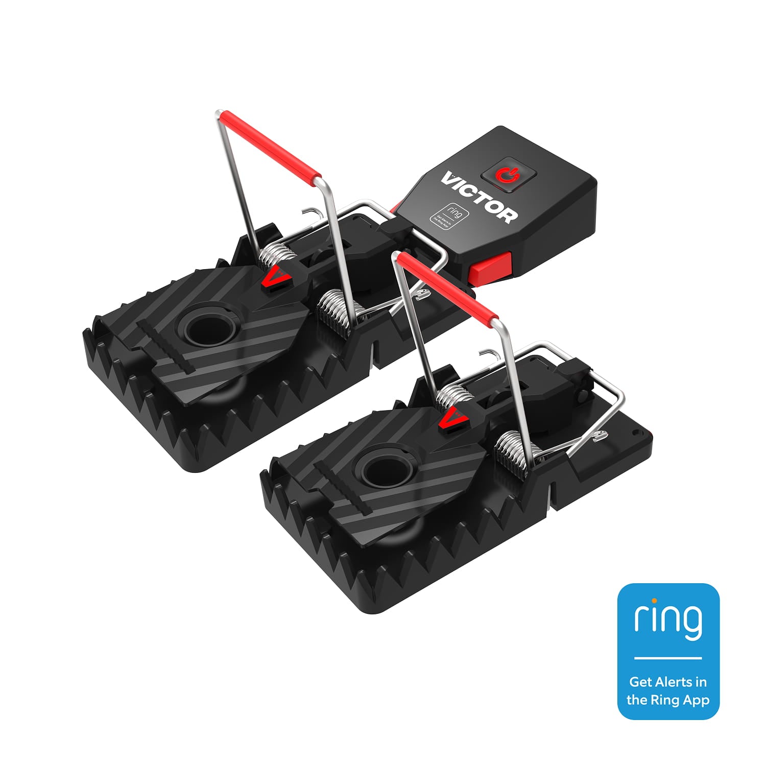 Two black and red Victor smart rat traps with metal bars and serrated jaws on a white background, shown with a Ring app alert badge.