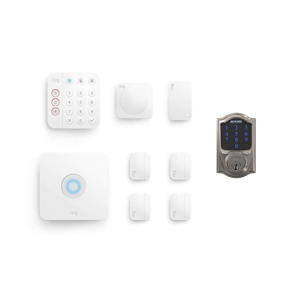 White:8-Piece Alarm Security Kit + Schlage Connect Smart Deadbolt (for 2nd Generation)
